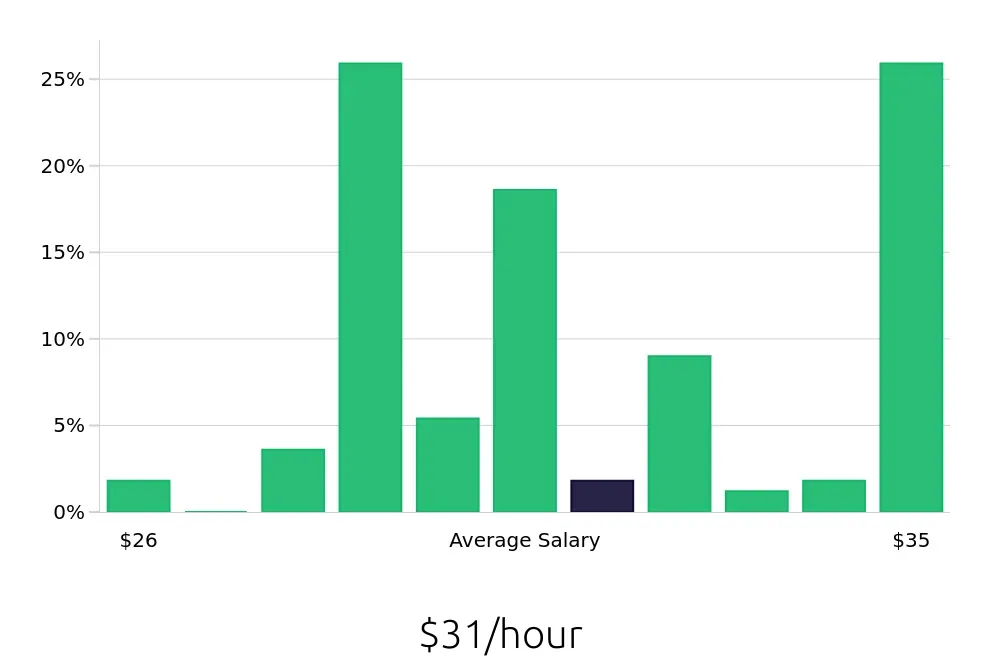 Graph depicting the hourly salary distribution for Licensed Practical Nurse jobs in Rocky Hill, CT, showing an average salary of $31 with varying distribution percentages across salary ranges.