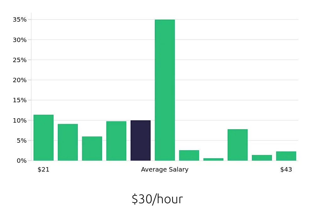 Graph depicting the hourly salary distribution for Licensed Practical Nurse jobs in Rome, NY, showing an average salary of $30 with varying distribution percentages across salary ranges.