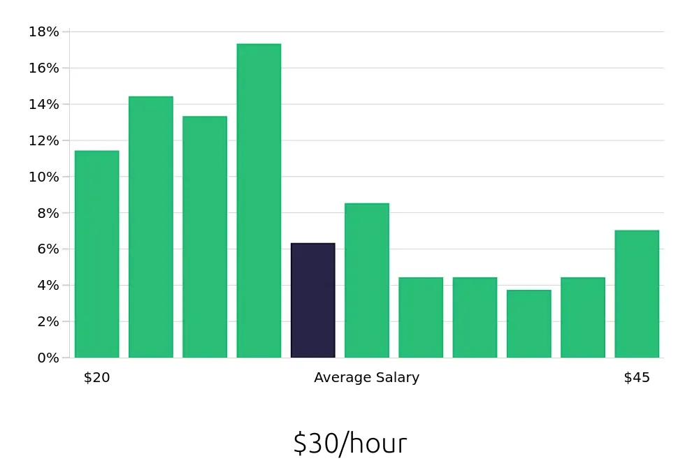 Graph depicting the hourly salary distribution for Licensed Practical Nurse jobs in Somerset, PA, showing an average salary of $30 with varying distribution percentages across salary ranges.
