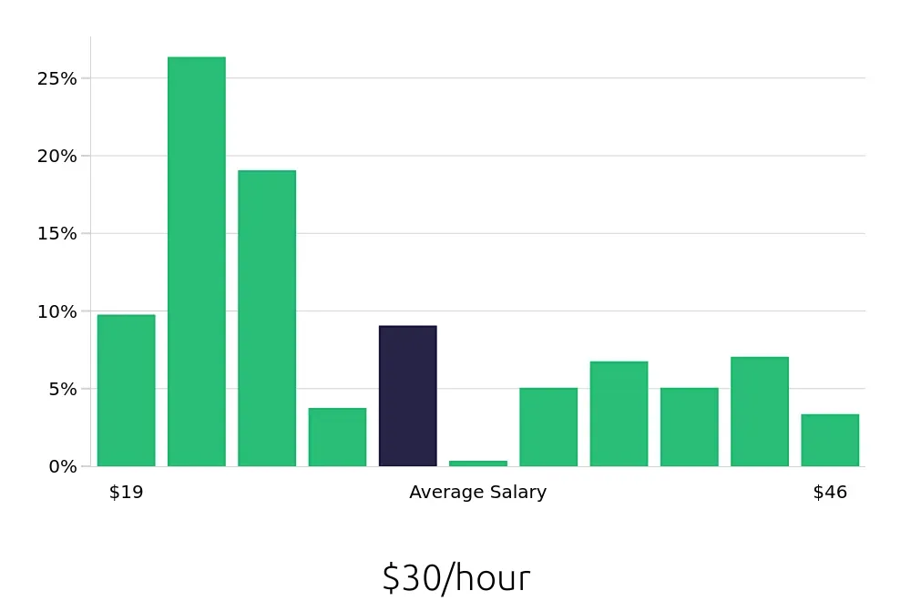 Graph depicting the hourly salary distribution for Licensed Practical Nurse jobs in Wheeling, WV, showing an average salary of $30 with varying distribution percentages across salary ranges.