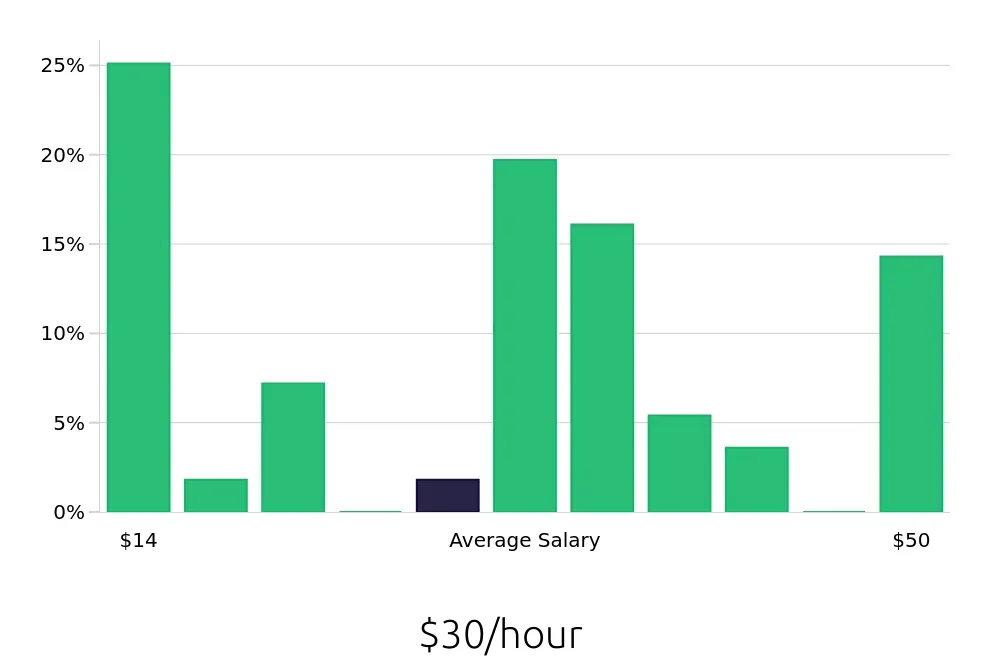 Graph depicting the hourly salary distribution for Local Driver jobs in Binghamton, NY, showing an average salary of $30 with varying distribution percentages across salary ranges.