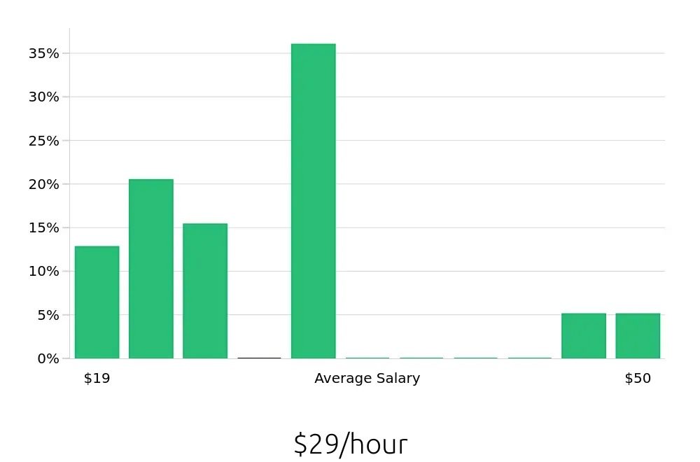 Graph depicting the hourly salary distribution for Local Driver jobs in Lorton, VA, showing an average salary of $29 with varying distribution percentages across salary ranges.
