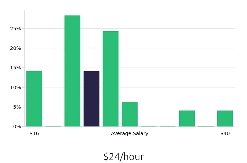 Graph depicting the hourly salary distribution for Local Driver jobs in Rochester, MN, showing an average salary of $24 with varying distribution percentages across salary ranges.