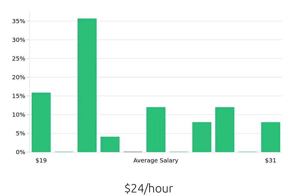 Graph depicting the hourly salary distribution for Maintenance Mechanic jobs in Dover, DE, showing an average salary of $24 with varying distribution percentages across salary ranges.
