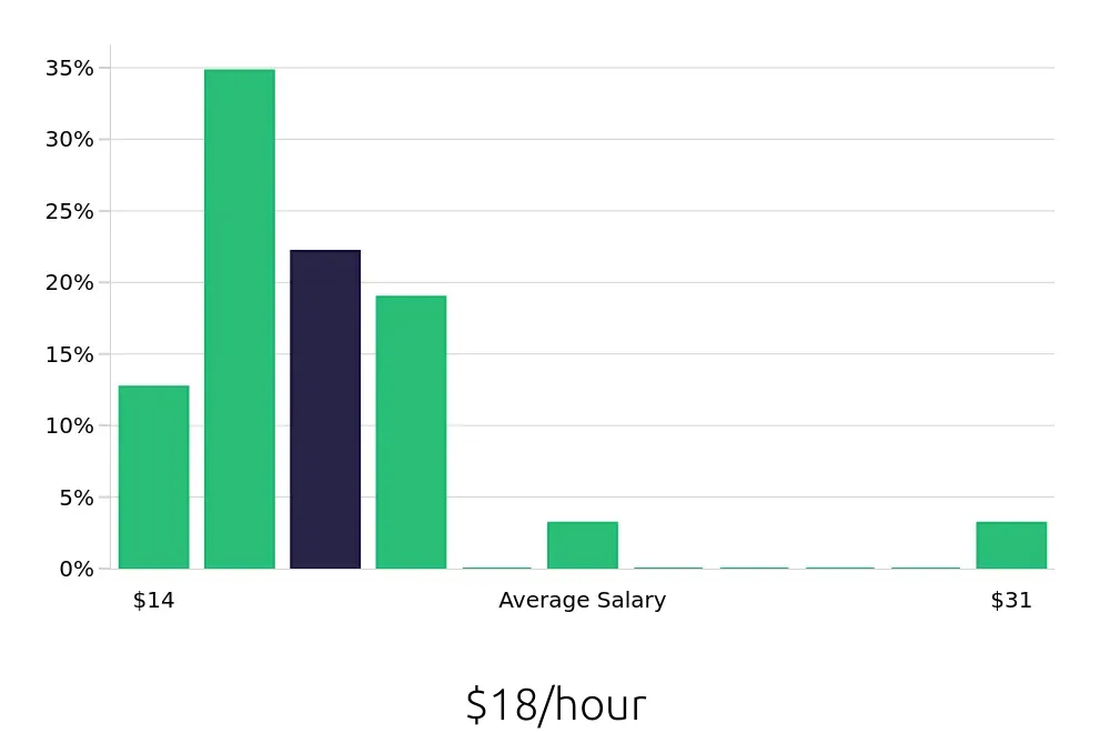 Graph depicting the hourly salary distribution for Material Handler jobs in Binghamton, NY, showing an average salary of $18 with varying distribution percentages across salary ranges.
