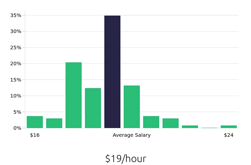 Graph depicting the hourly salary distribution for Medical Assistant jobs in Newburgh, NY, showing an average salary of $19 with varying distribution percentages across salary ranges.