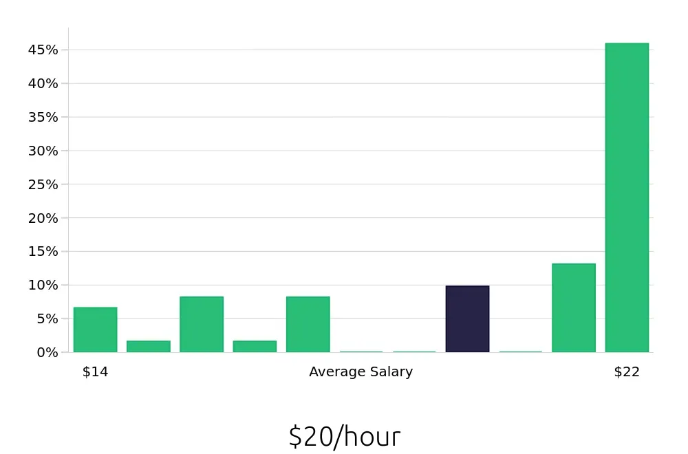 Graph depicting the hourly salary distribution for Merchandiser jobs in Auburn, ME, showing an average salary of $20 with varying distribution percentages across salary ranges.