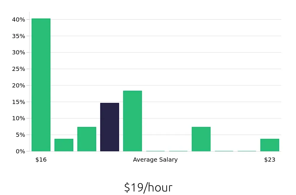 Graph depicting the hourly salary distribution for Merchandiser jobs in Framingham, MA, showing an average salary of $19 with varying distribution percentages across salary ranges.