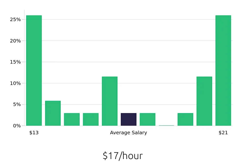 Graph depicting the hourly salary distribution for Merchandiser jobs in Watertown, WI, showing an average salary of $17 with varying distribution percentages across salary ranges.