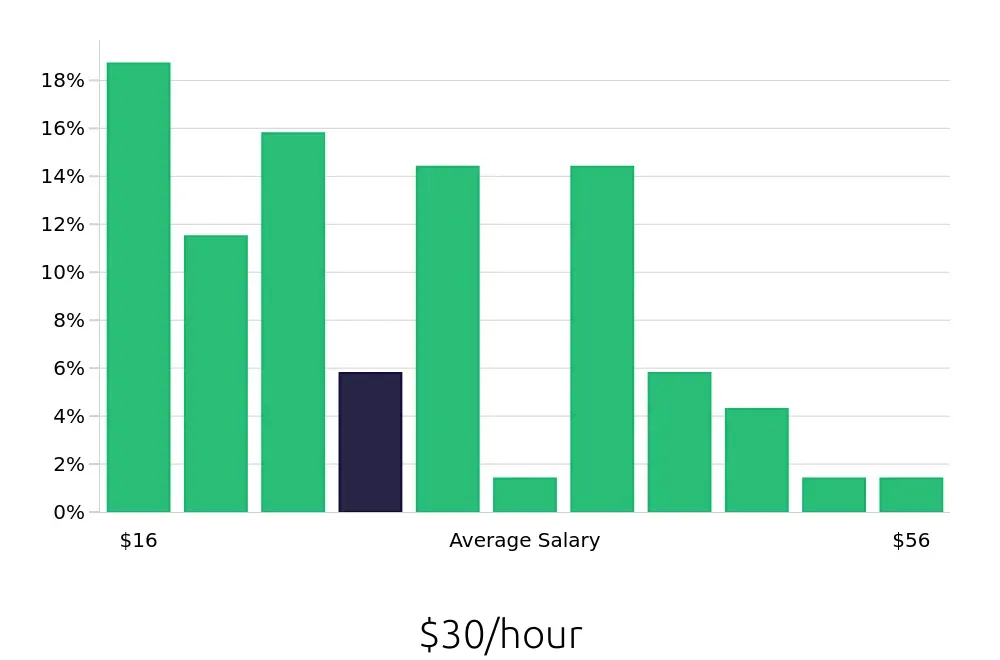 Graph depicting the hourly salary distribution for Operations Manager jobs in Newport News, VA, showing an average salary of $30 with varying distribution percentages across salary ranges.