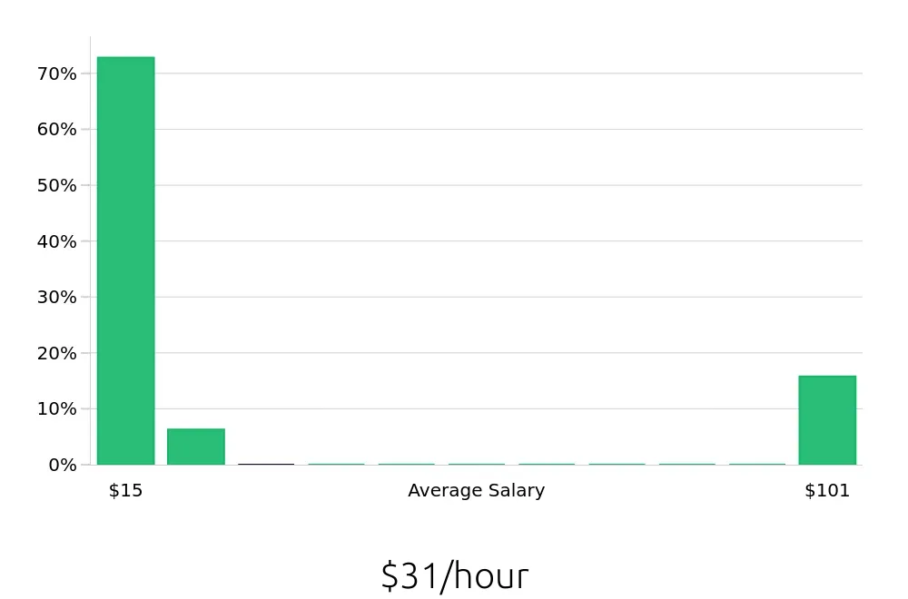 Graph depicting the hourly salary distribution for Package Handler jobs in Buffalo, NY, showing an average salary of $31 with varying distribution percentages across salary ranges.