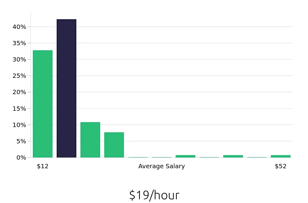 Graph depicting the hourly salary distribution for Packer jobs in Charlotte, NC, showing an average salary of $19 with varying distribution percentages across salary ranges.