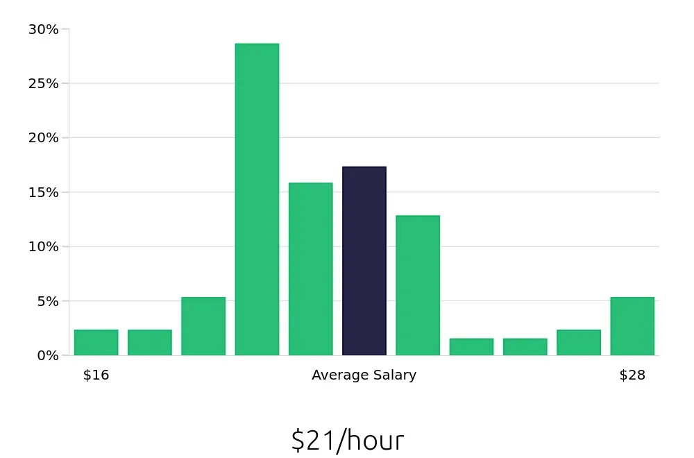Graph depicting the hourly salary distribution for Painter jobs in Rochester, NY, showing an average salary of $21 with varying distribution percentages across salary ranges.