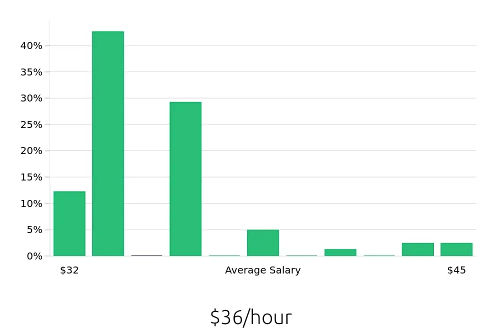 Graph depicting the hourly salary distribution for Paramedic jobs in Brooklyn, NY, showing an average salary of $36 with varying distribution percentages across salary ranges.