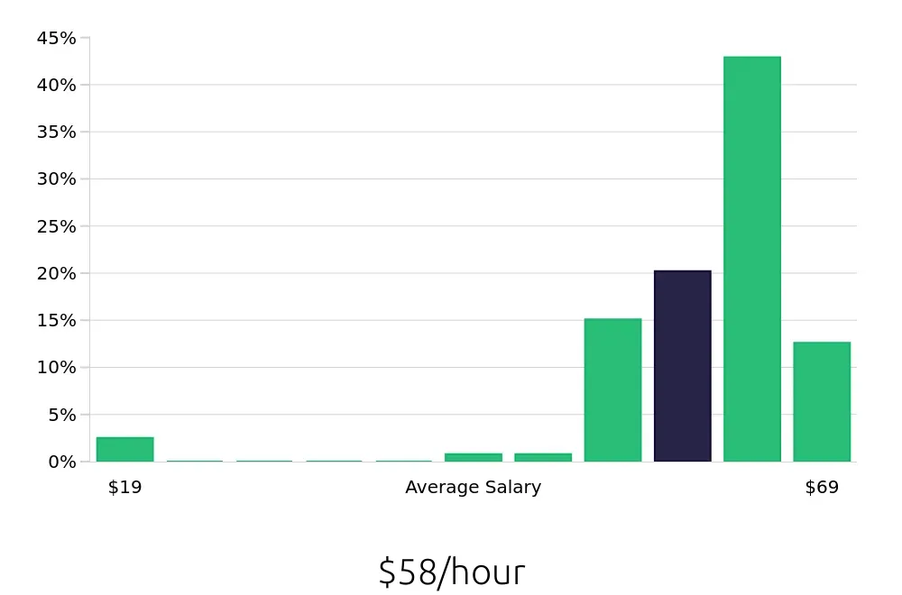 Graph depicting the hourly salary distribution for Pharmacist jobs in Omaha, NE, showing an average salary of $58 with varying distribution percentages across salary ranges.