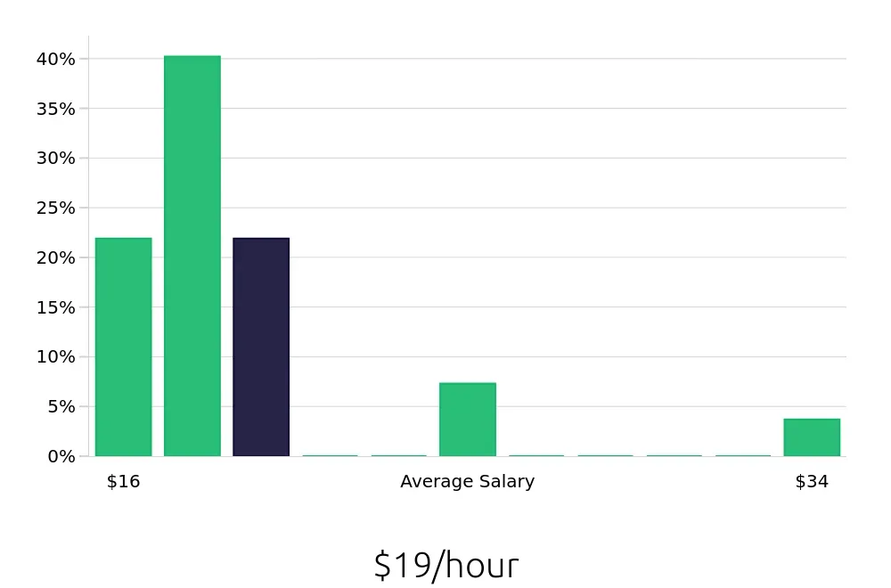 Graph depicting the hourly salary distribution for Pharmacy Intern jobs in Buffalo, NY, showing an average salary of $19 with varying distribution percentages across salary ranges.