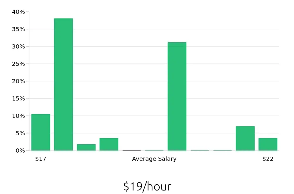 Graph depicting the hourly salary distribution for Pharmacy Technician jobs in Riverview, FL, showing an average salary of $19 with varying distribution percentages across salary ranges.
