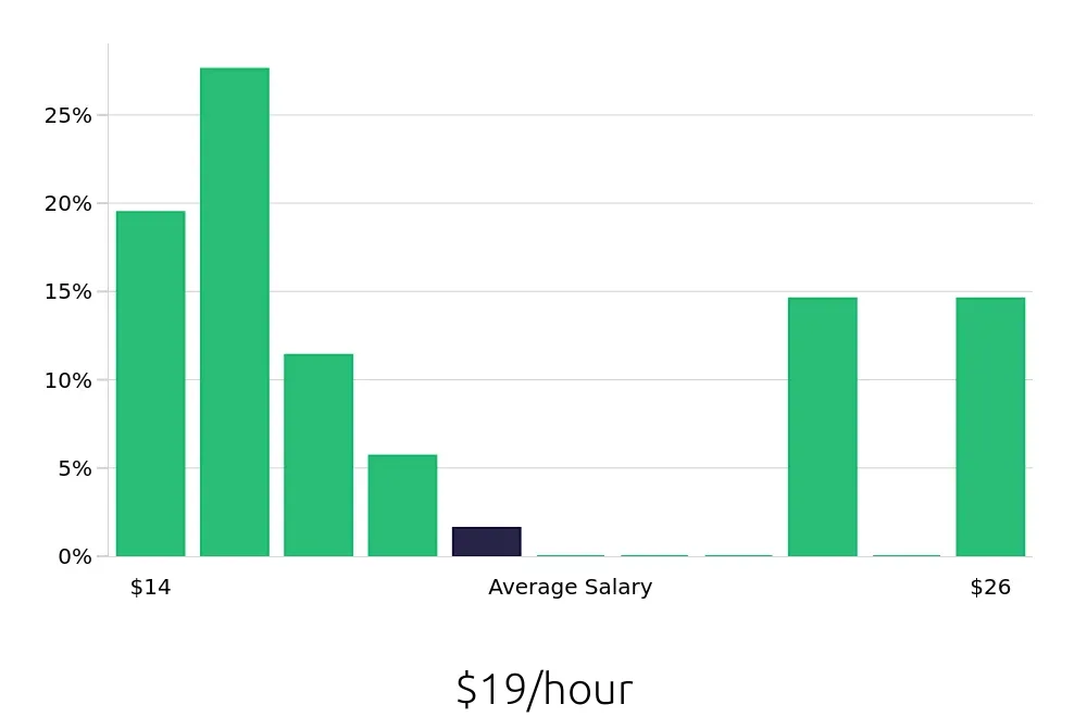 Graph depicting the hourly salary distribution for Preschool Teacher jobs in East Brunswick, NJ, showing an average salary of $19 with varying distribution percentages across salary ranges.