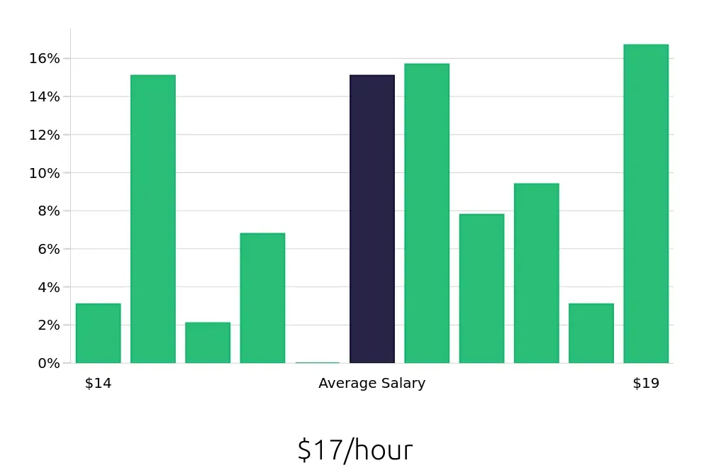 Graph depicting the hourly salary distribution for Preschool Teacher jobs in Holly Springs, NC, showing an average salary of $17 with varying distribution percentages across salary ranges.