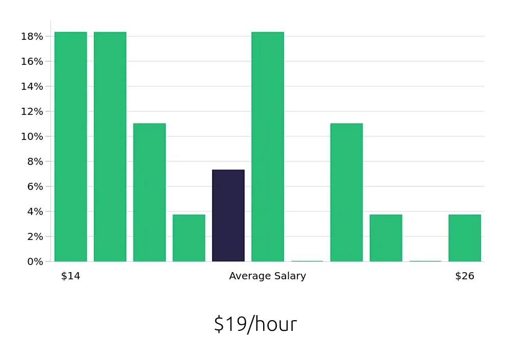 Graph depicting the hourly salary distribution for Preschool Teacher jobs in Poughkeepsie, NY, showing an average salary of $19 with varying distribution percentages across salary ranges.