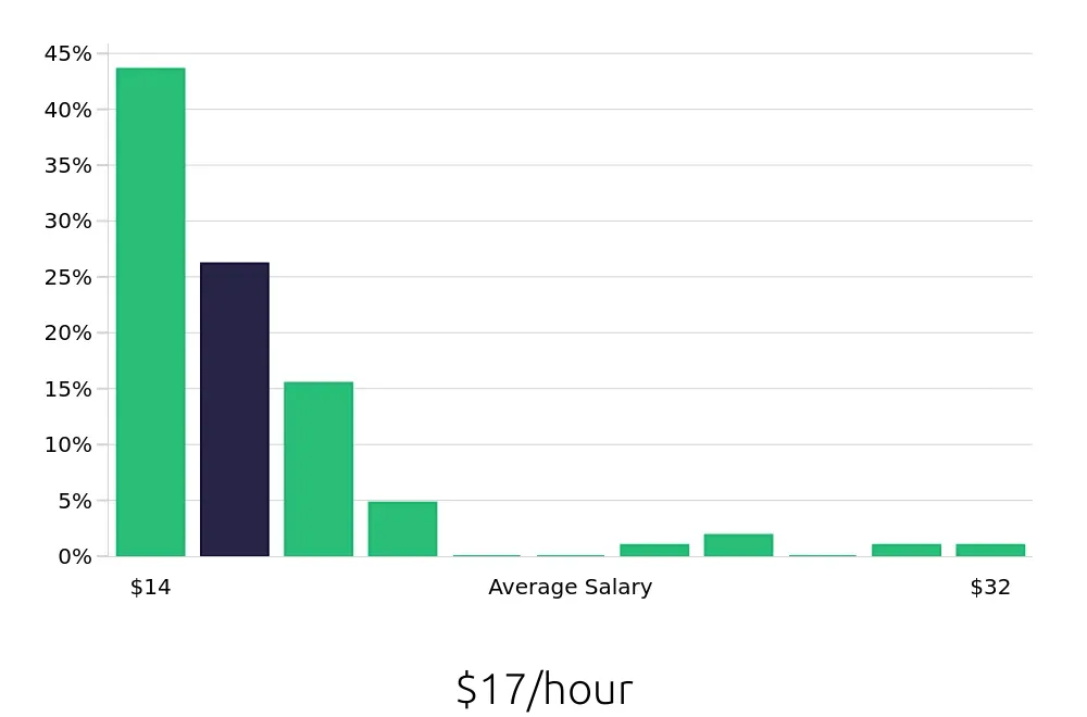 Graph depicting the hourly salary distribution for Preschool Teacher jobs in Queen Creek, AZ, showing an average salary of $17 with varying distribution percentages across salary ranges.