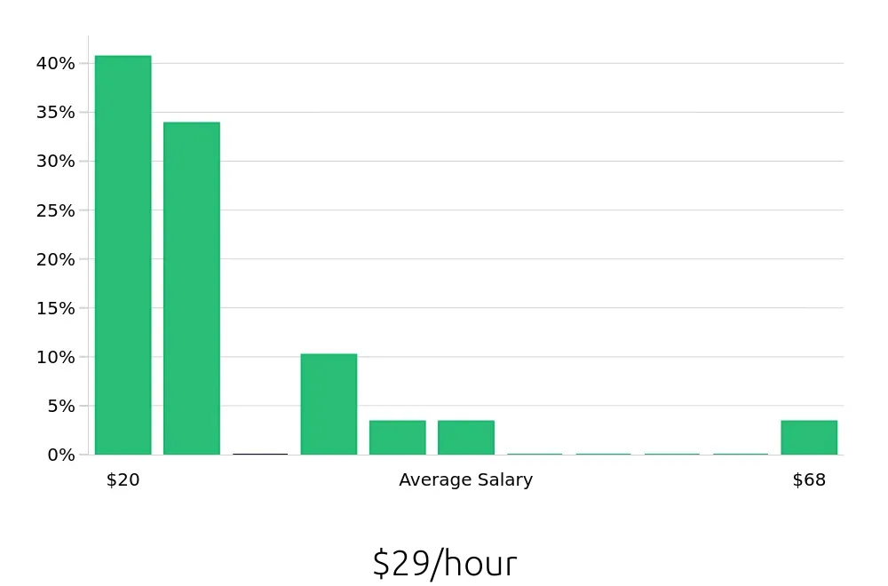 Graph depicting the hourly salary distribution for Program Manager jobs in Billings, MT, showing an average salary of $29 with varying distribution percentages across salary ranges.