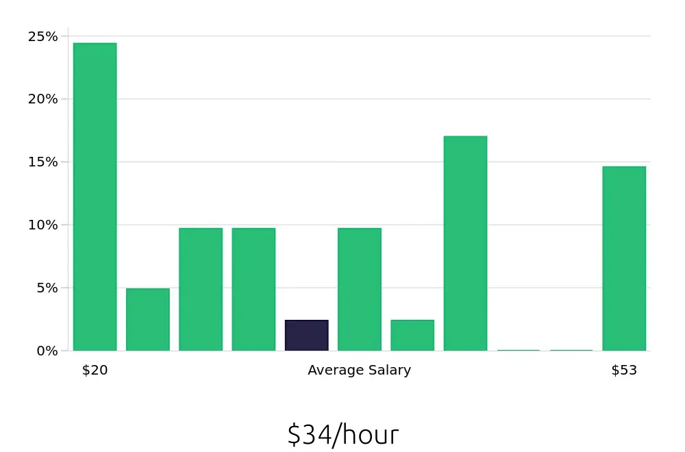Graph depicting the hourly salary distribution for Program Manager jobs in Duluth, MN, showing an average salary of $34 with varying distribution percentages across salary ranges.