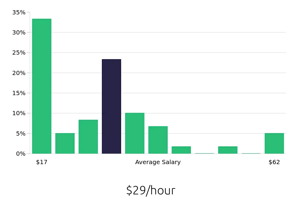 Graph depicting the hourly salary distribution for Property Manager jobs in Staten Island, NY, showing an average salary of $29 with varying distribution percentages across salary ranges.