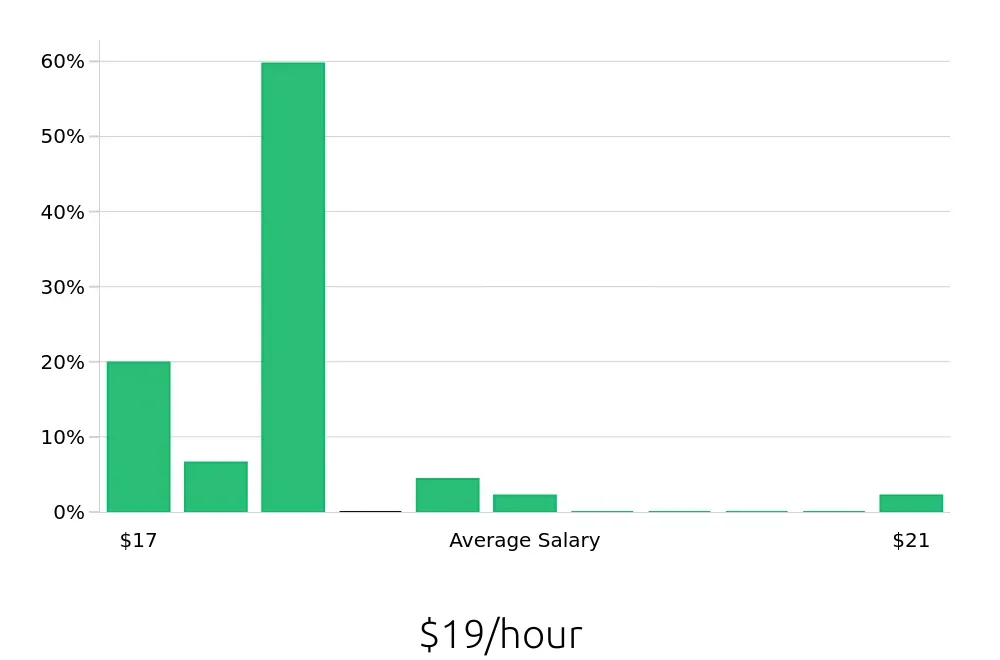 Graph depicting the hourly salary distribution for Public Safety Officer jobs in Tempe, AZ, showing an average salary of $19 with varying distribution percentages across salary ranges.