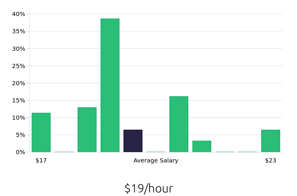 Graph depicting the hourly salary distribution for Registered Behavior Technician jobs in Harlingen, TX, showing an average salary of $19 with varying distribution percentages across salary ranges.