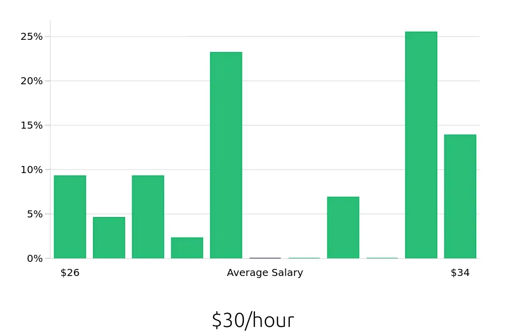 Graph depicting the hourly salary distribution for Registered Behavior Technician jobs in Hilo, HI, showing an average salary of $30 with varying distribution percentages across salary ranges.