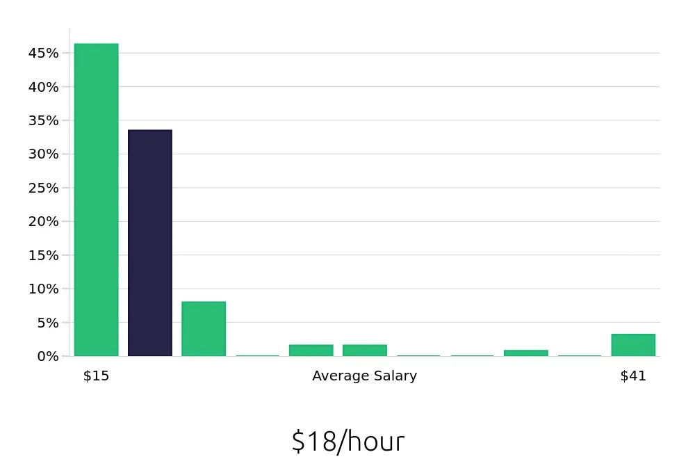 Graph depicting the hourly salary distribution for Retail Merchandiser jobs in Brooklyn, NY, showing an average salary of $18 with varying distribution percentages across salary ranges.