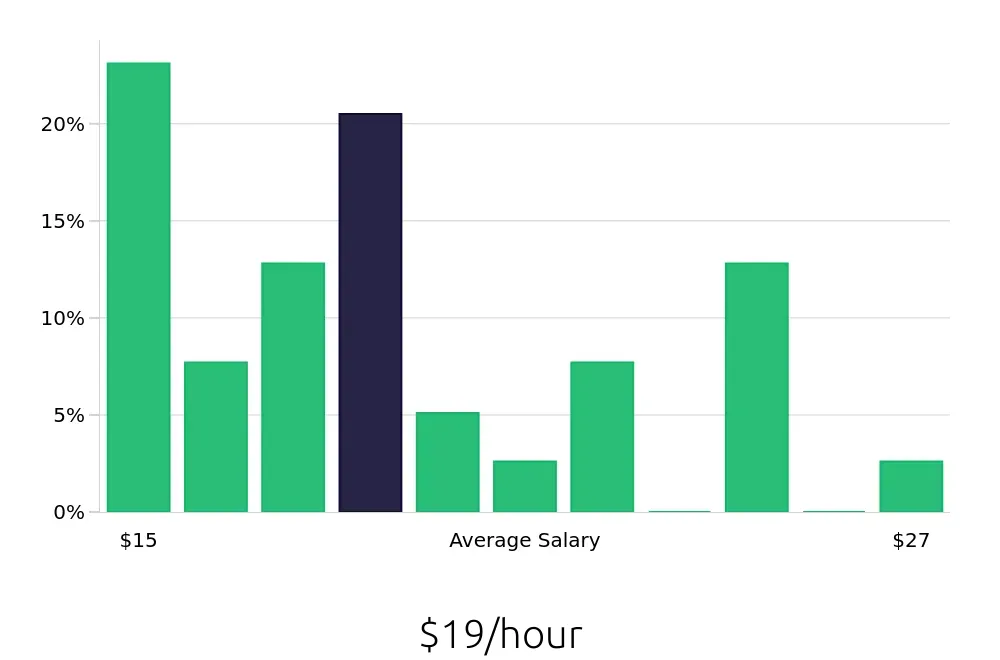Graph depicting the hourly salary distribution for Retail Merchandiser jobs in Edison, NJ, showing an average salary of $19 with varying distribution percentages across salary ranges.