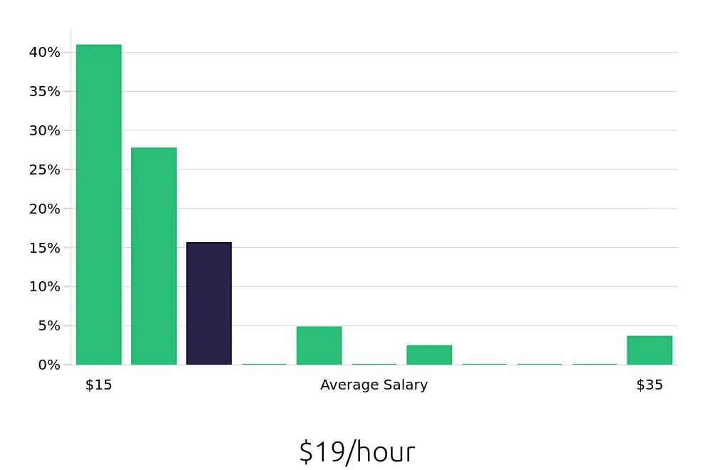 Graph depicting the hourly salary distribution for Retail Merchandiser jobs in Oceanside, CA, showing an average salary of $19 with varying distribution percentages across salary ranges.