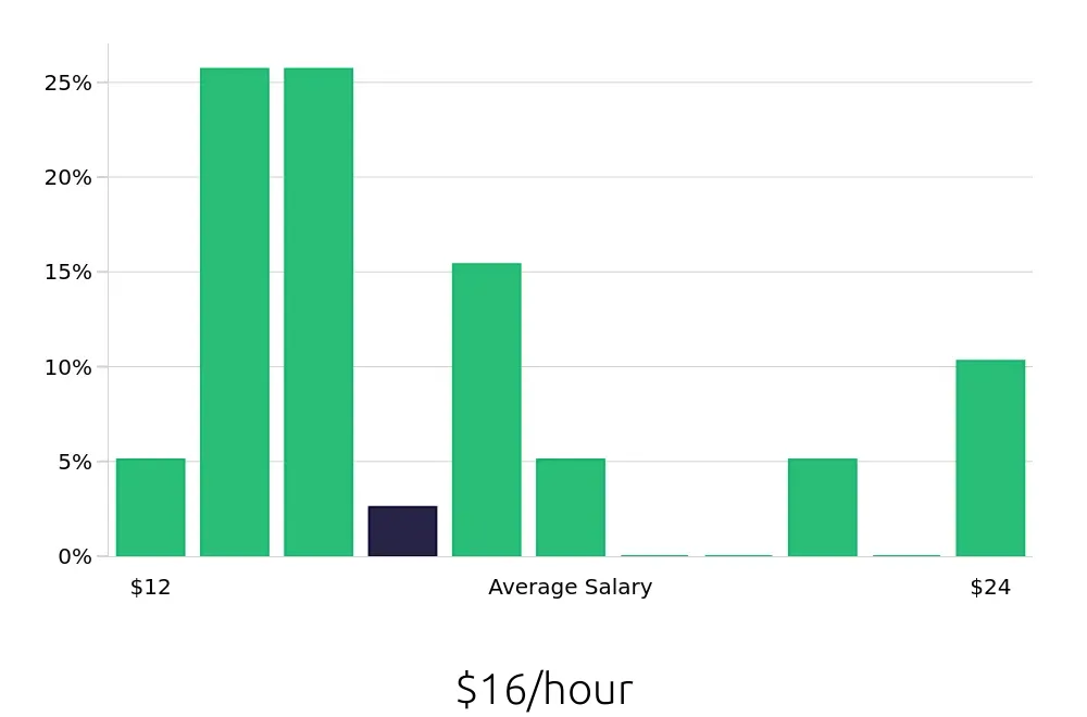 Graph depicting the hourly salary distribution for Retail Merchandiser jobs in Rock Hill, SC, showing an average salary of $16 with varying distribution percentages across salary ranges.