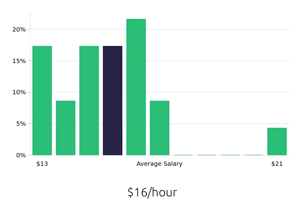 Graph depicting the hourly salary distribution for Retail Merchandiser jobs in Snellville, GA, showing an average salary of $16 with varying distribution percentages across salary ranges.