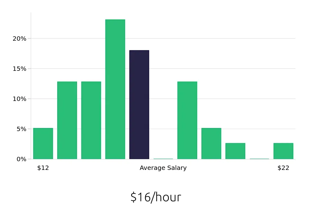 Graph depicting the hourly salary distribution for Retail Merchandiser jobs in Youngstown, OH, showing an average salary of $16 with varying distribution percentages across salary ranges.