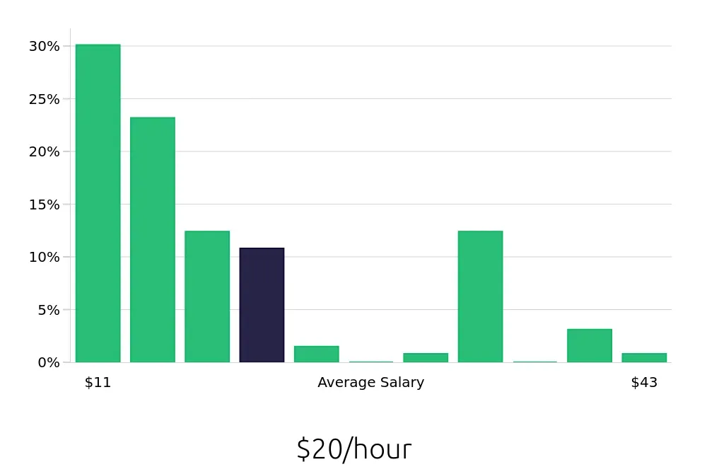 Graph depicting the hourly salary distribution for Retail Sales Associate jobs in Flint, MI, showing an average salary of $20 with varying distribution percentages across salary ranges.