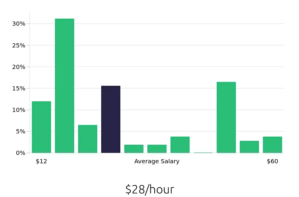 Graph depicting the hourly salary distribution for Retail Sales Associate jobs in Rock Hill, SC, showing an average salary of $28 with varying distribution percentages across salary ranges.