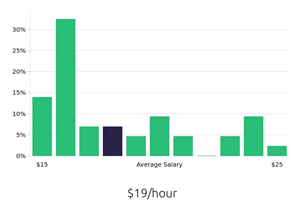Graph depicting the hourly salary distribution for Retail Store Manager jobs in Boone, NC, showing an average salary of $19 with varying distribution percentages across salary ranges.