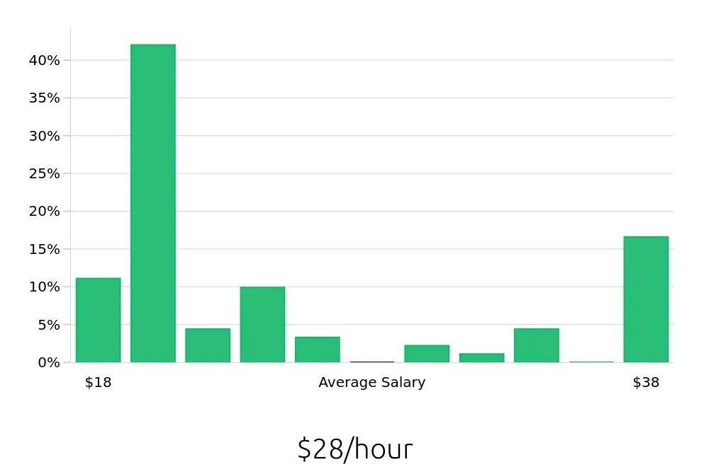 Graph depicting the hourly salary distribution for Retail Store Manager jobs in Braintree, MA, showing an average salary of $28 with varying distribution percentages across salary ranges.