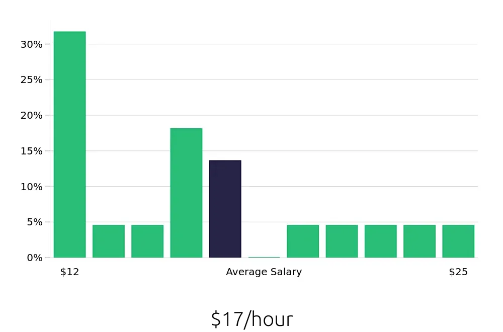 Graph depicting the hourly salary distribution for Retail Store Manager jobs in North Myrtle Beach, SC, showing an average salary of $17 with varying distribution percentages across salary ranges.