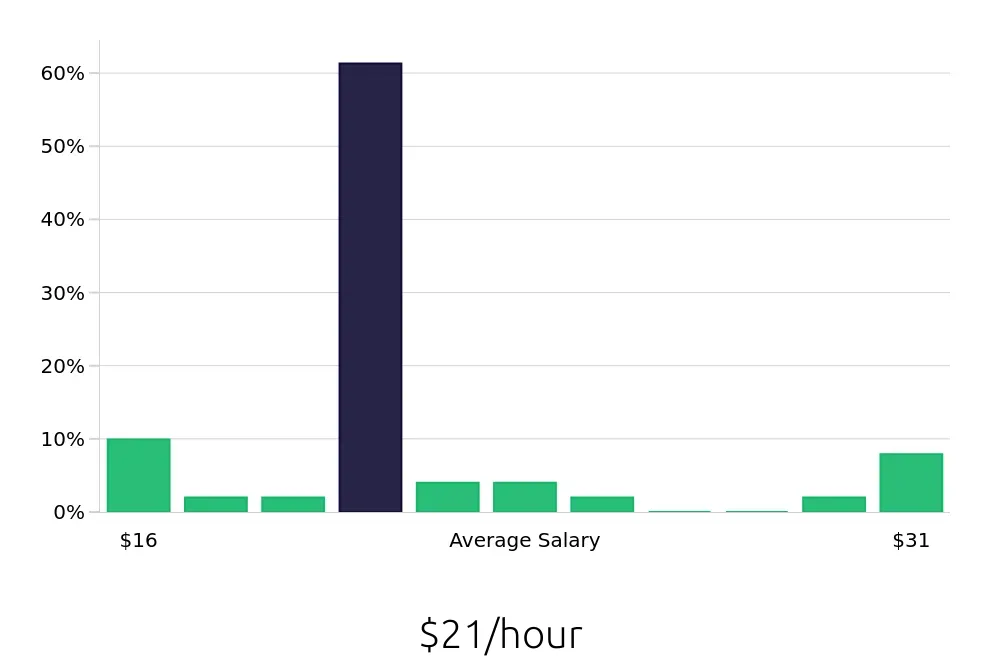 Graph depicting the hourly salary distribution for Retail Store Manager jobs in Rapid City, SD, showing an average salary of $21 with varying distribution percentages across salary ranges.