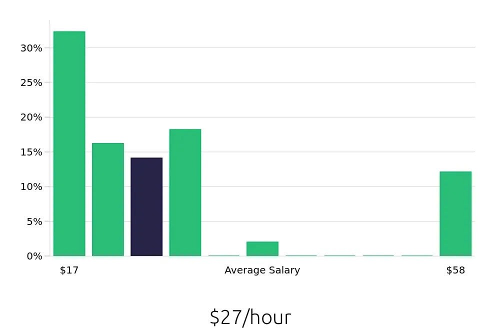 Graph depicting the hourly salary distribution for Retail Store Manager jobs in Shelby Charter Township, MI, showing an average salary of $27 with varying distribution percentages across salary ranges.