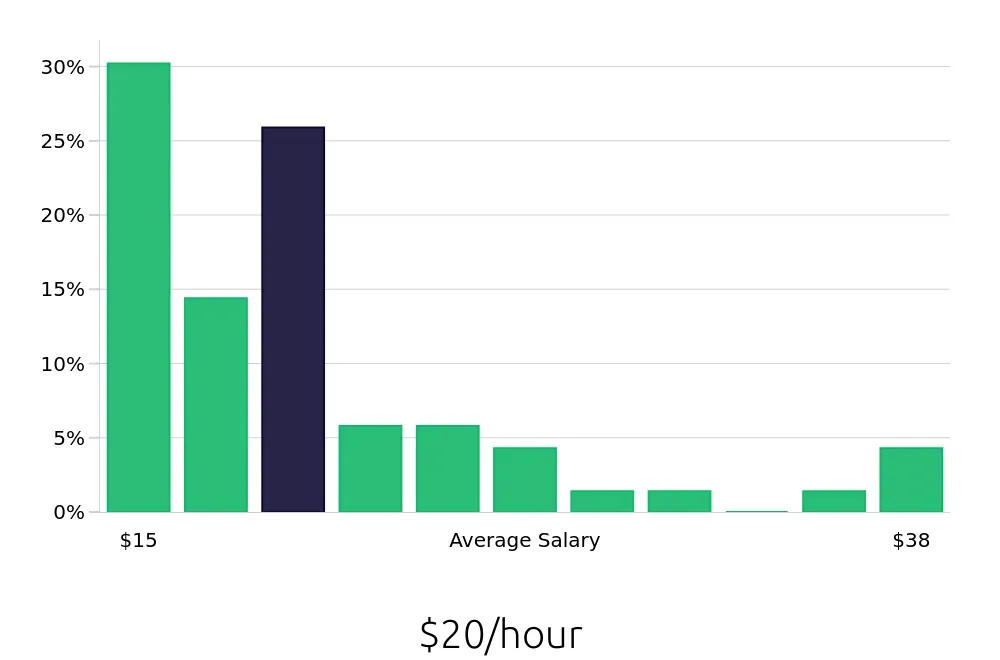 Graph depicting the hourly salary distribution for Retail Store Manager jobs in Summerville, SC, showing an average salary of $20 with varying distribution percentages across salary ranges.