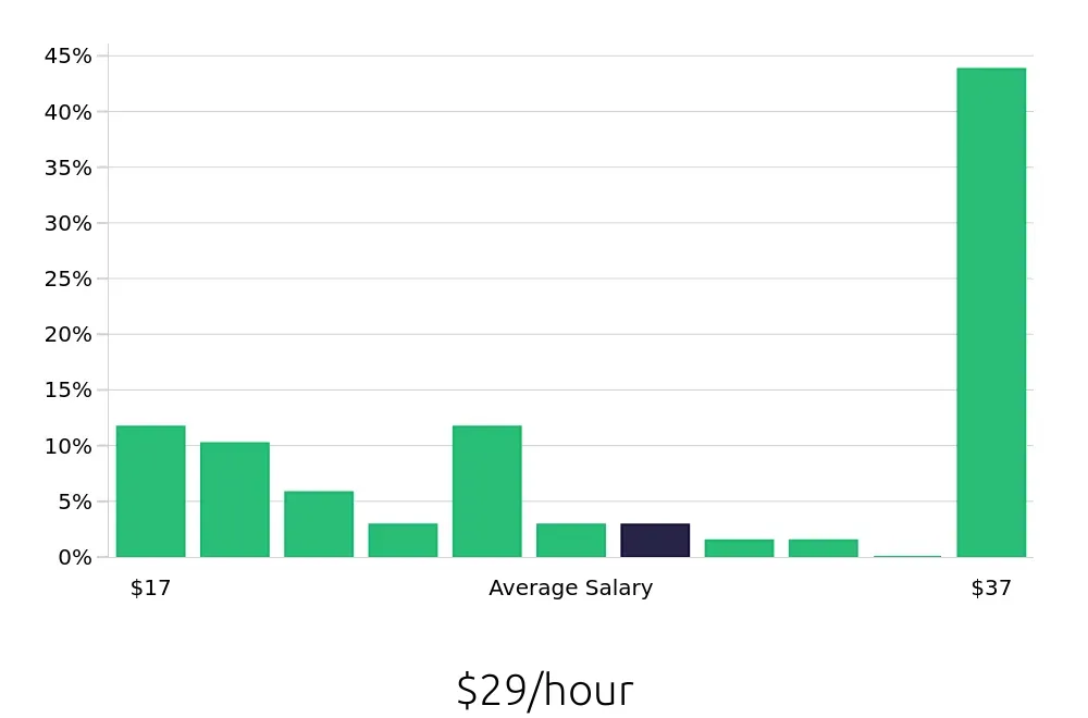 Graph depicting the hourly salary distribution for Retail Store Manager jobs in Waynesboro, VA, showing an average salary of $29 with varying distribution percentages across salary ranges.