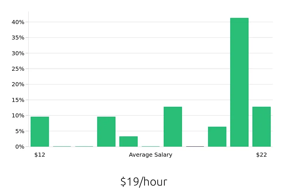Graph depicting the hourly salary distribution for Route Sales Driver jobs in Greensboro, NC, showing an average salary of $19 with varying distribution percentages across salary ranges.
