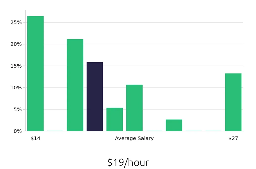 Graph depicting the hourly salary distribution for Route Sales Driver jobs in Rochester, NY, showing an average salary of $19 with varying distribution percentages across salary ranges.