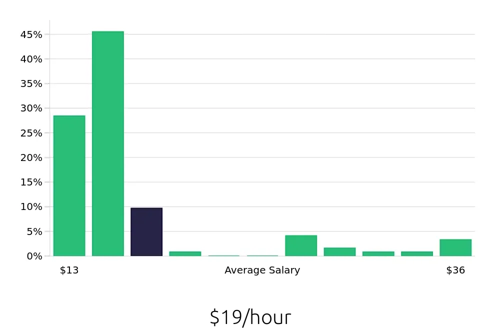 Graph depicting the hourly salary distribution for Sales Associate jobs in Amherst, NY, showing an average salary of $19 with varying distribution percentages across salary ranges.