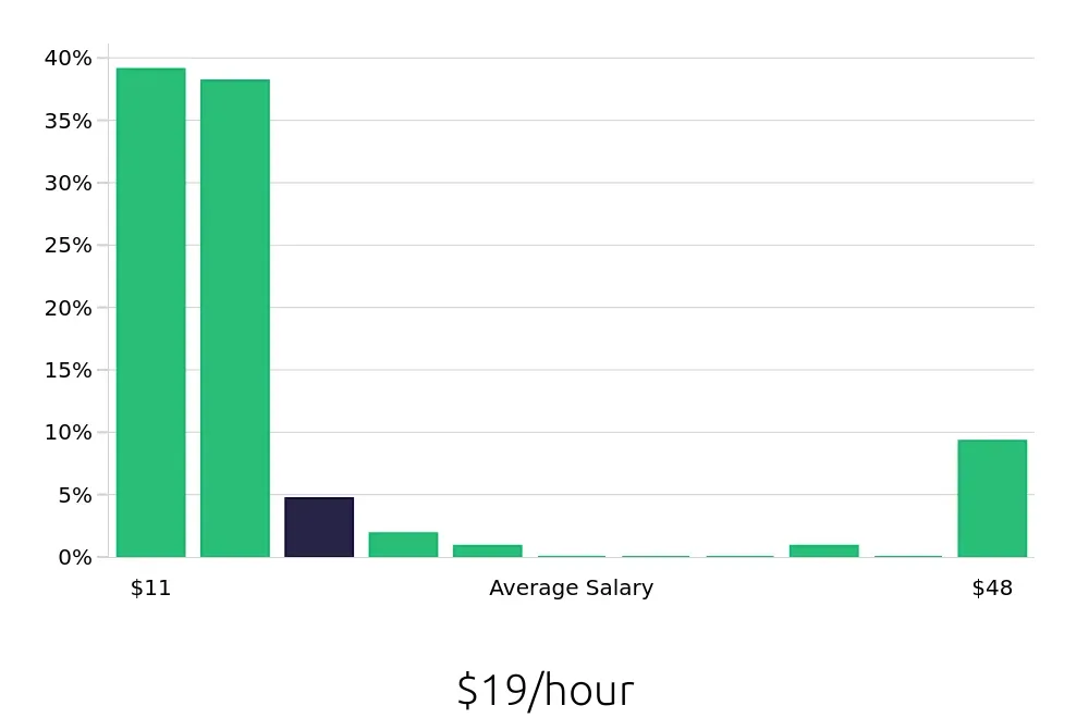 Graph depicting the hourly salary distribution for Sales Associate jobs in Coon Rapids, MN, showing an average salary of $19 with varying distribution percentages across salary ranges.